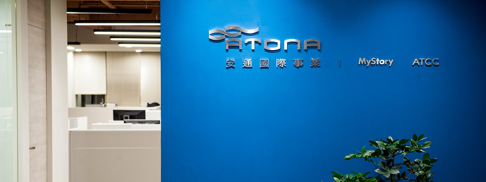 安通國際辦公室接待區，藍色牆面上有 ATONA、MyStory 與 ATCC 識別