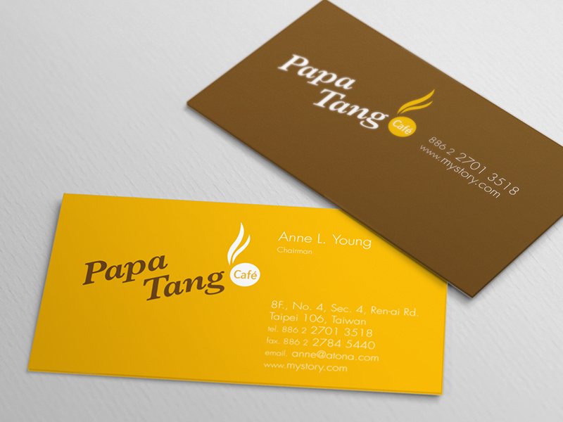 Papa Tang café business cards in brown and yellow