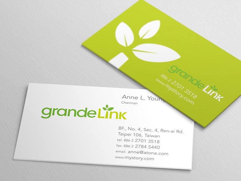 GrandeLink business cards in green and white